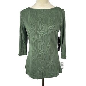 NWT Von Maur Olive Green Textured Top Wavy Ribbed‎ 3/4 Sleeve Womens Small